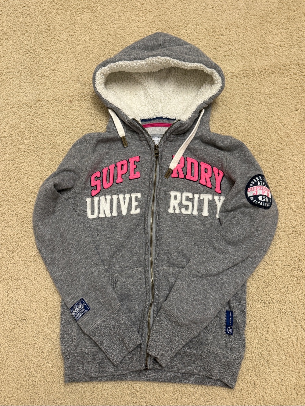 Superdry Grey Hooded Zip-Up Jacket with Pink Lettering